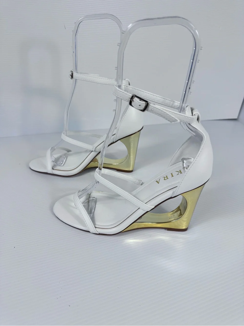 AKIRA Ayyar White & Gold Sculptural Wedge Heels Strappy Sandals